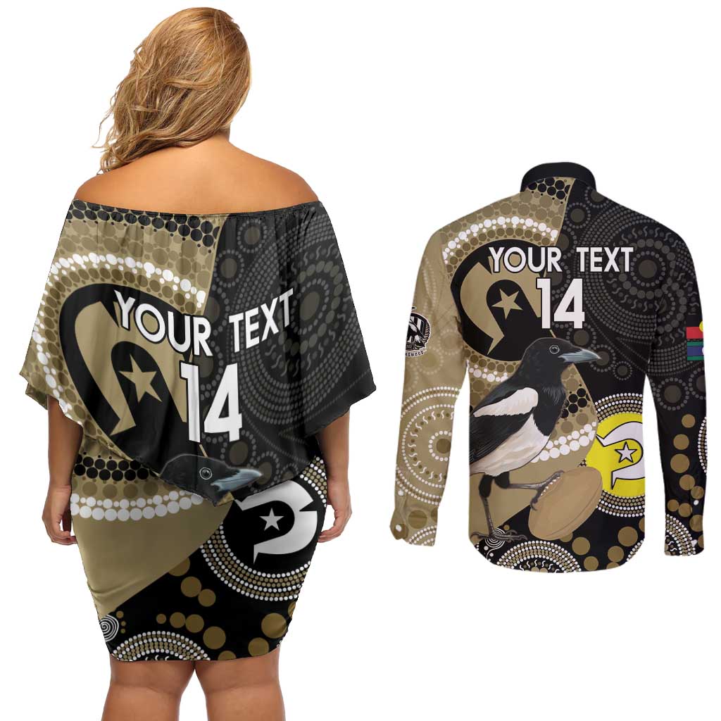 Custom AFL Collingwood NAIDOC Week Couples Matching Off Shoulder Short Dress and Long Sleeve Button Shirt Keep The Fire Burning Indigenous Art