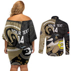 Custom AFL Collingwood NAIDOC Week Couples Matching Off Shoulder Short Dress and Long Sleeve Button Shirt Keep The Fire Burning Indigenous Art