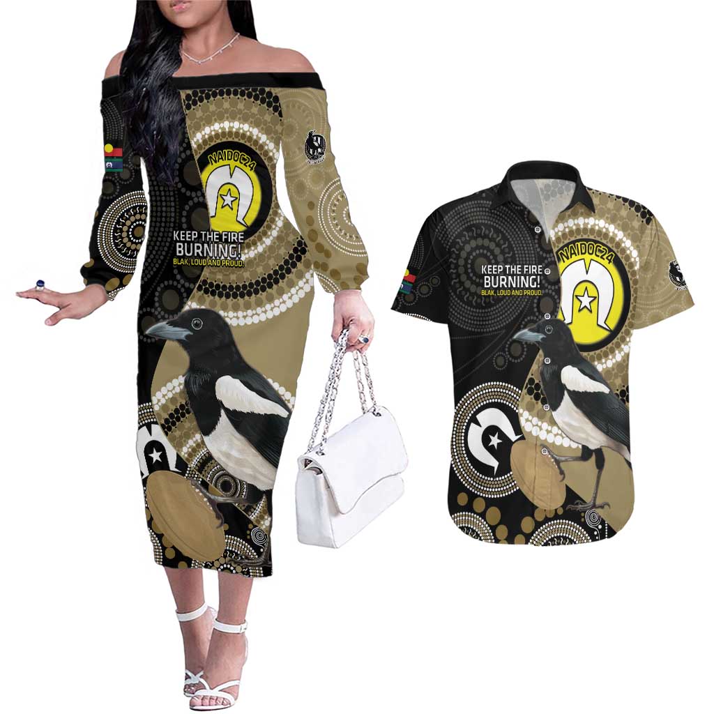 Custom AFL Collingwood NAIDOC Week Couples Matching Off The Shoulder Long Sleeve Dress and Hawaiian Shirt Keep The Fire Burning Indigenous Art