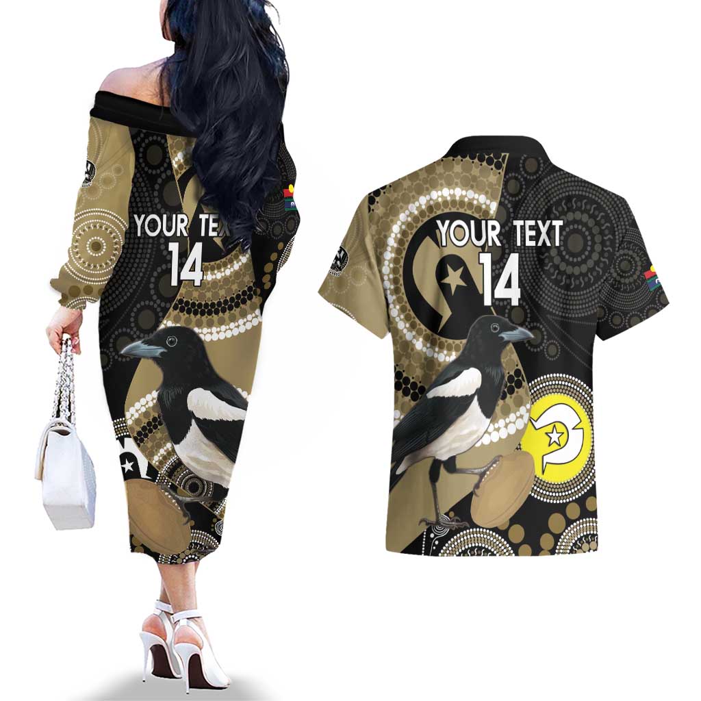 Custom AFL Collingwood NAIDOC Week Couples Matching Off The Shoulder Long Sleeve Dress and Hawaiian Shirt Keep The Fire Burning Indigenous Art