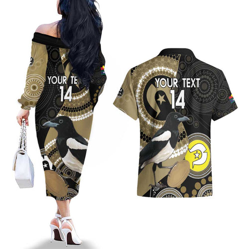 Custom AFL Collingwood NAIDOC Week Couples Matching Off The Shoulder Long Sleeve Dress and Hawaiian Shirt Keep The Fire Burning Indigenous Art