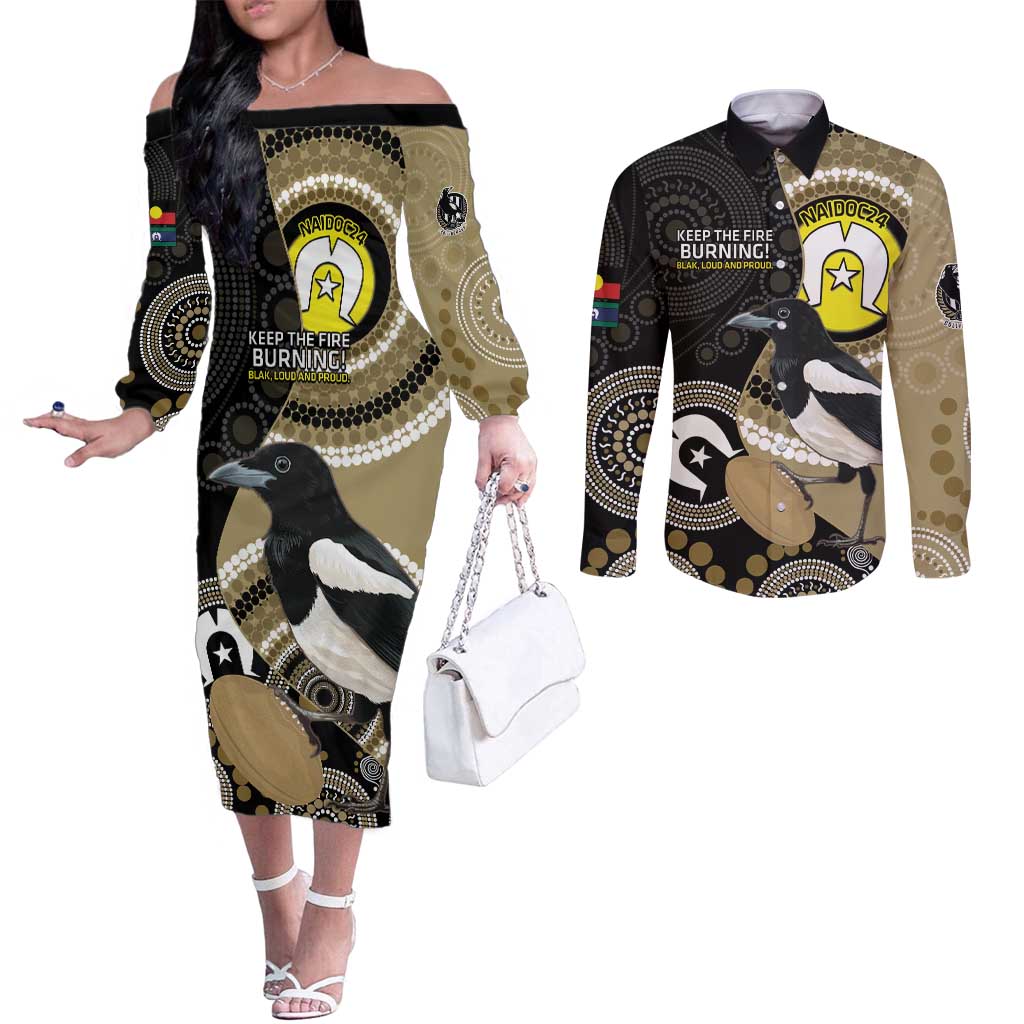 Custom AFL Collingwood NAIDOC Week Couples Matching Off The Shoulder Long Sleeve Dress and Long Sleeve Button Shirt Keep The Fire Burning Indigenous Art