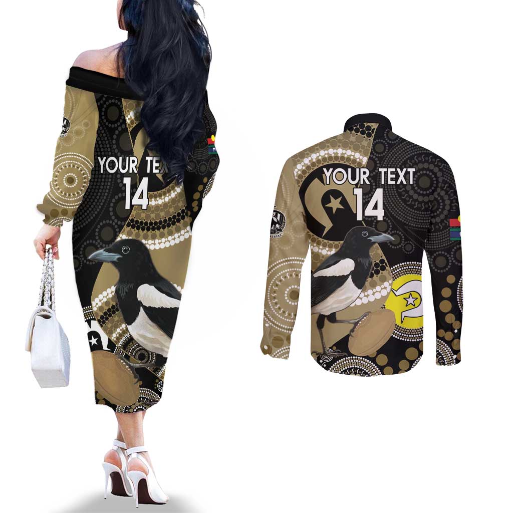Custom AFL Collingwood NAIDOC Week Couples Matching Off The Shoulder Long Sleeve Dress and Long Sleeve Button Shirt Keep The Fire Burning Indigenous Art