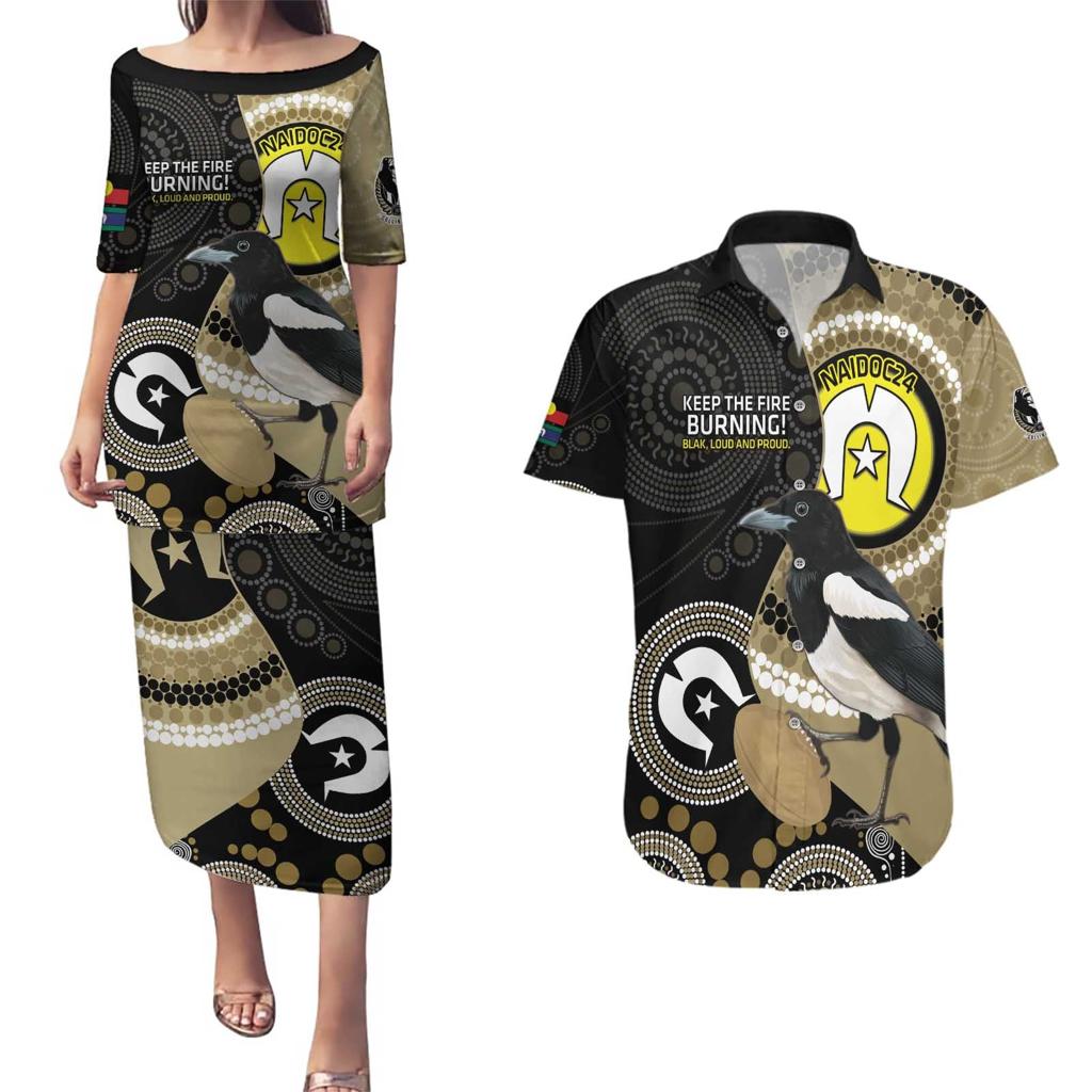 Custom AFL Collingwood NAIDOC Week Couples Matching Puletasi and Hawaiian Shirt Keep The Fire Burning Indigenous Art