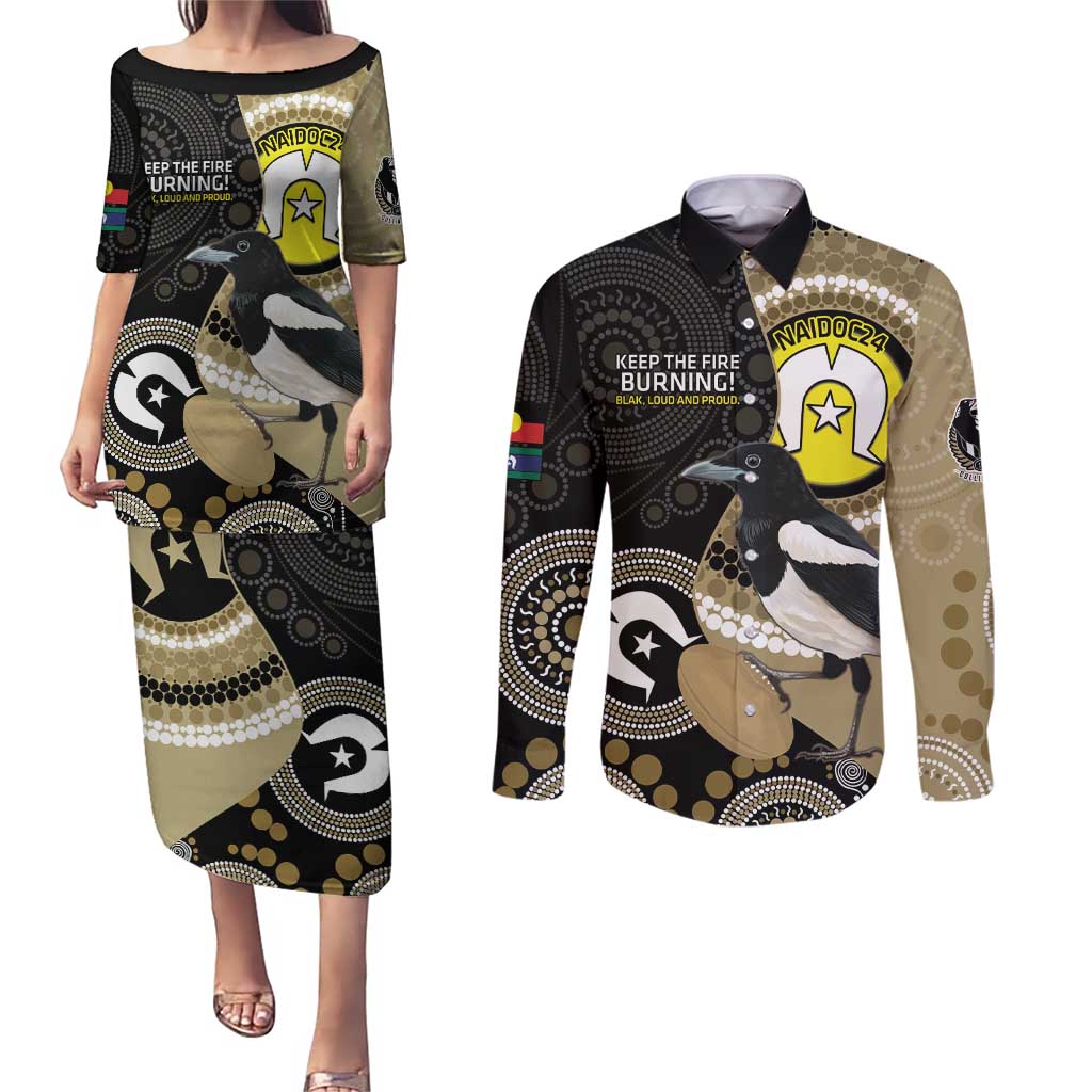 Custom AFL Collingwood NAIDOC Week Couples Matching Puletasi and Long Sleeve Button Shirt Keep The Fire Burning Indigenous Art