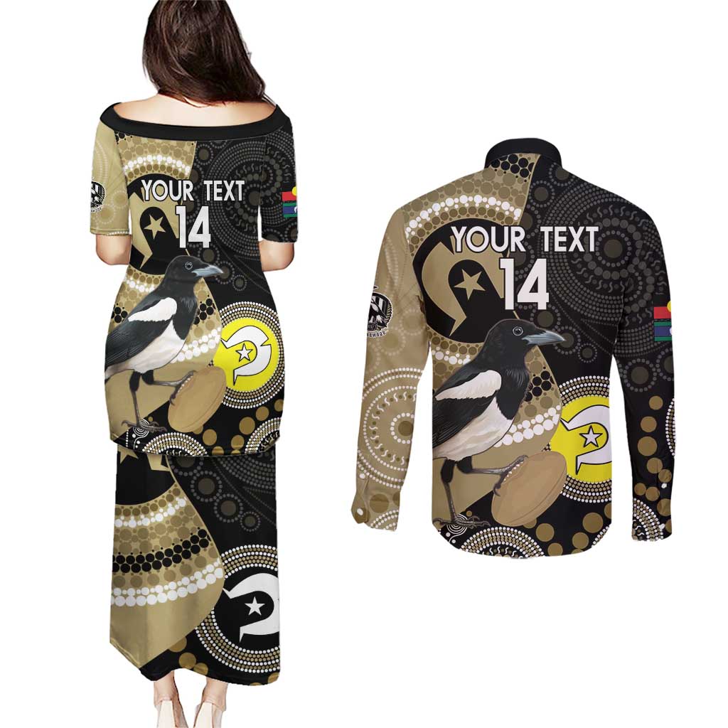 Custom AFL Collingwood NAIDOC Week Couples Matching Puletasi and Long Sleeve Button Shirt Keep The Fire Burning Indigenous Art