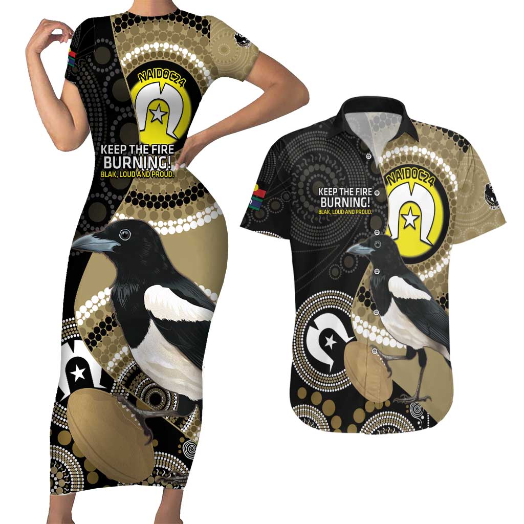 Custom AFL Collingwood NAIDOC Week Couples Matching Short Sleeve Bodycon Dress and Hawaiian Shirt Keep The Fire Burning Indigenous Art