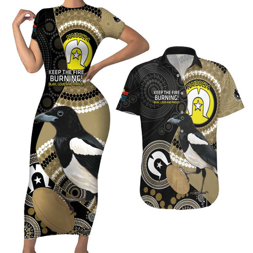 Custom AFL Collingwood NAIDOC Week Couples Matching Short Sleeve Bodycon Dress and Hawaiian Shirt Keep The Fire Burning Indigenous Art