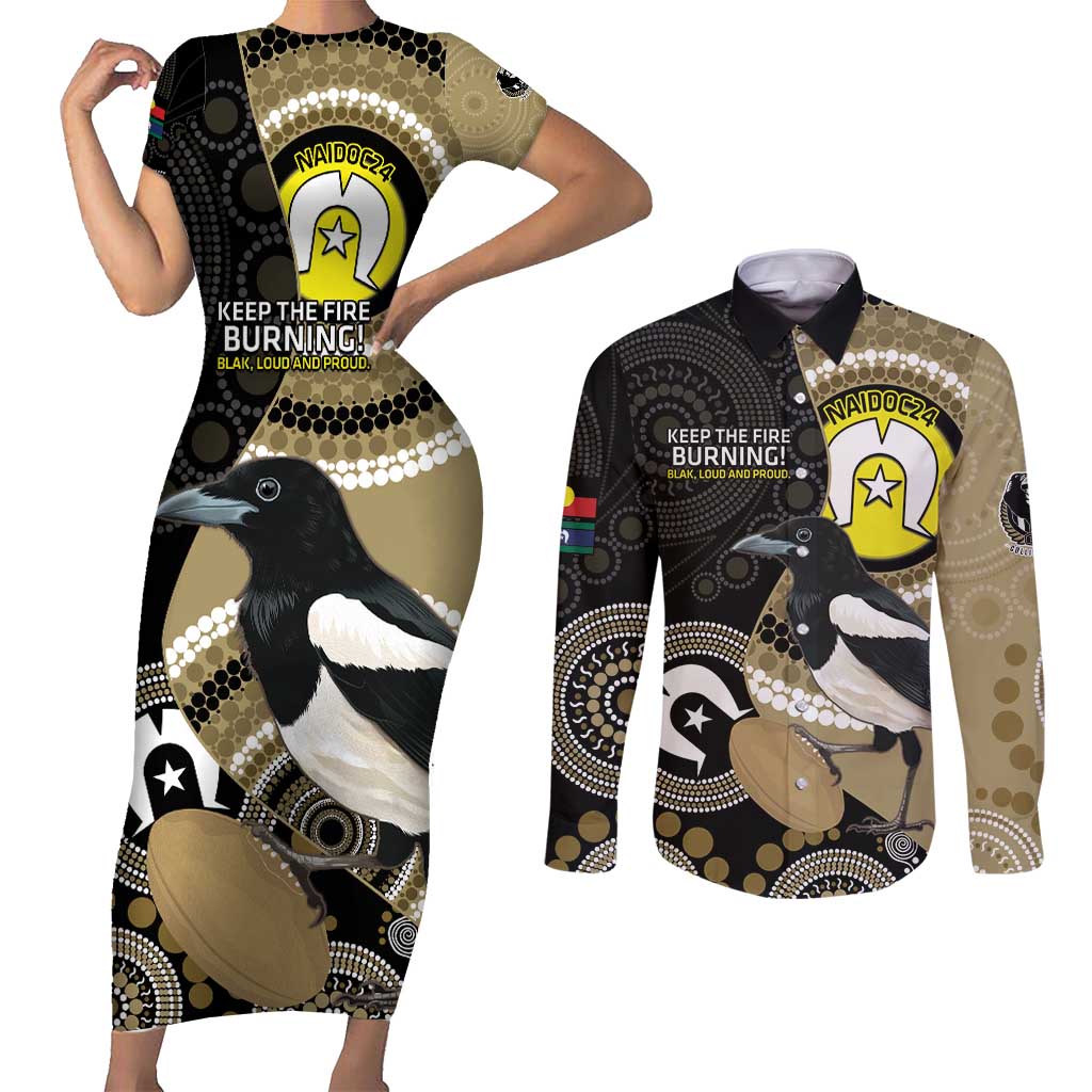 Custom AFL Collingwood NAIDOC Week Couples Matching Short Sleeve Bodycon Dress and Long Sleeve Button Shirt Keep The Fire Burning Indigenous Art
