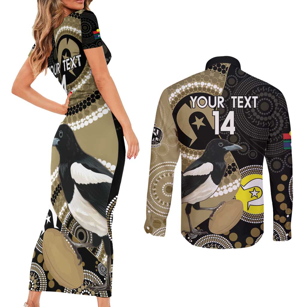Custom AFL Collingwood NAIDOC Week Couples Matching Short Sleeve Bodycon Dress and Long Sleeve Button Shirt Keep The Fire Burning Indigenous Art