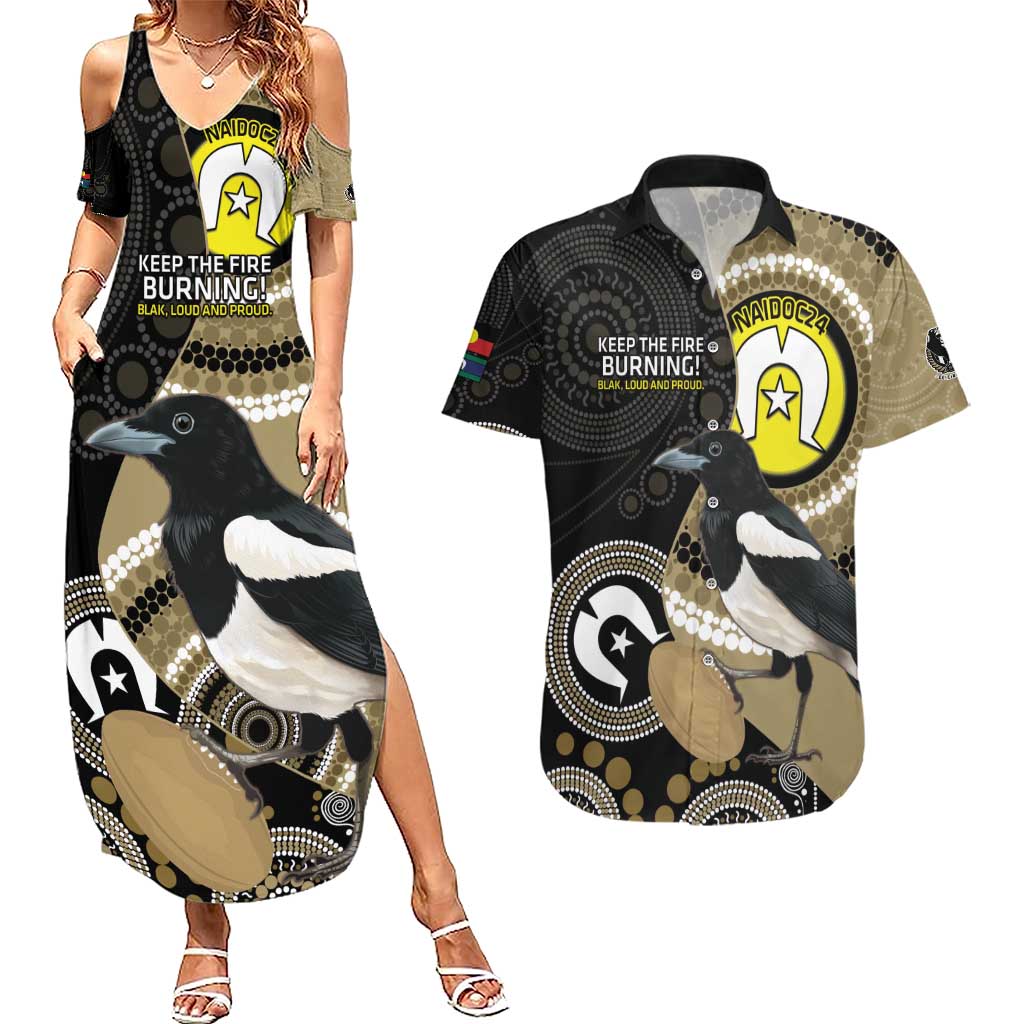 Custom AFL Collingwood NAIDOC Week Couples Matching Summer Maxi Dress and Hawaiian Shirt Keep The Fire Burning Indigenous Art