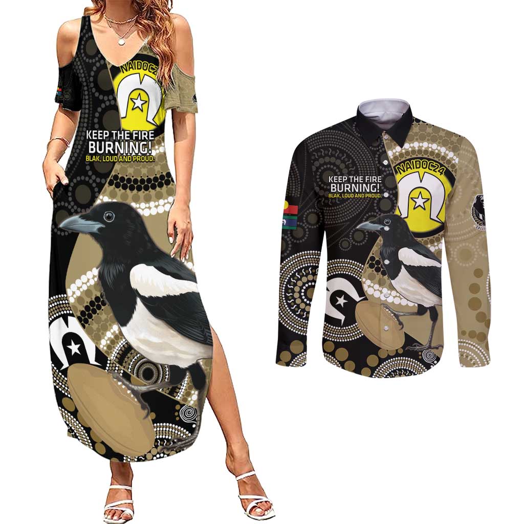 Custom AFL Collingwood NAIDOC Week Couples Matching Summer Maxi Dress and Long Sleeve Button Shirt Keep The Fire Burning Indigenous Art