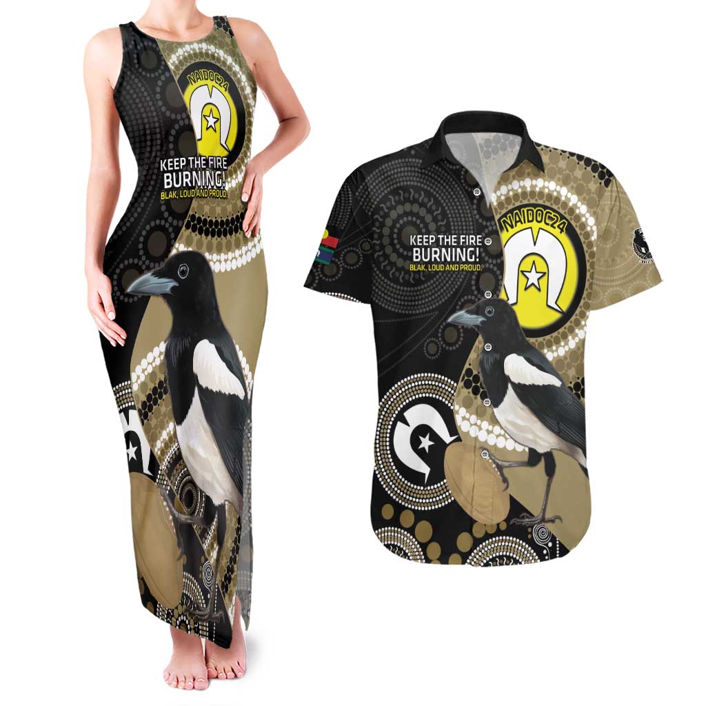 Custom AFL Collingwood NAIDOC Week Couples Matching Tank Maxi Dress and Hawaiian Shirt Keep The Fire Burning Indigenous Art
