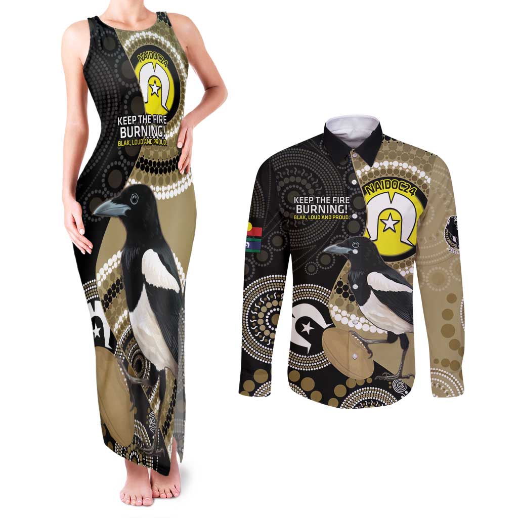 Custom AFL Collingwood NAIDOC Week Couples Matching Tank Maxi Dress and Long Sleeve Button Shirt Keep The Fire Burning Indigenous Art