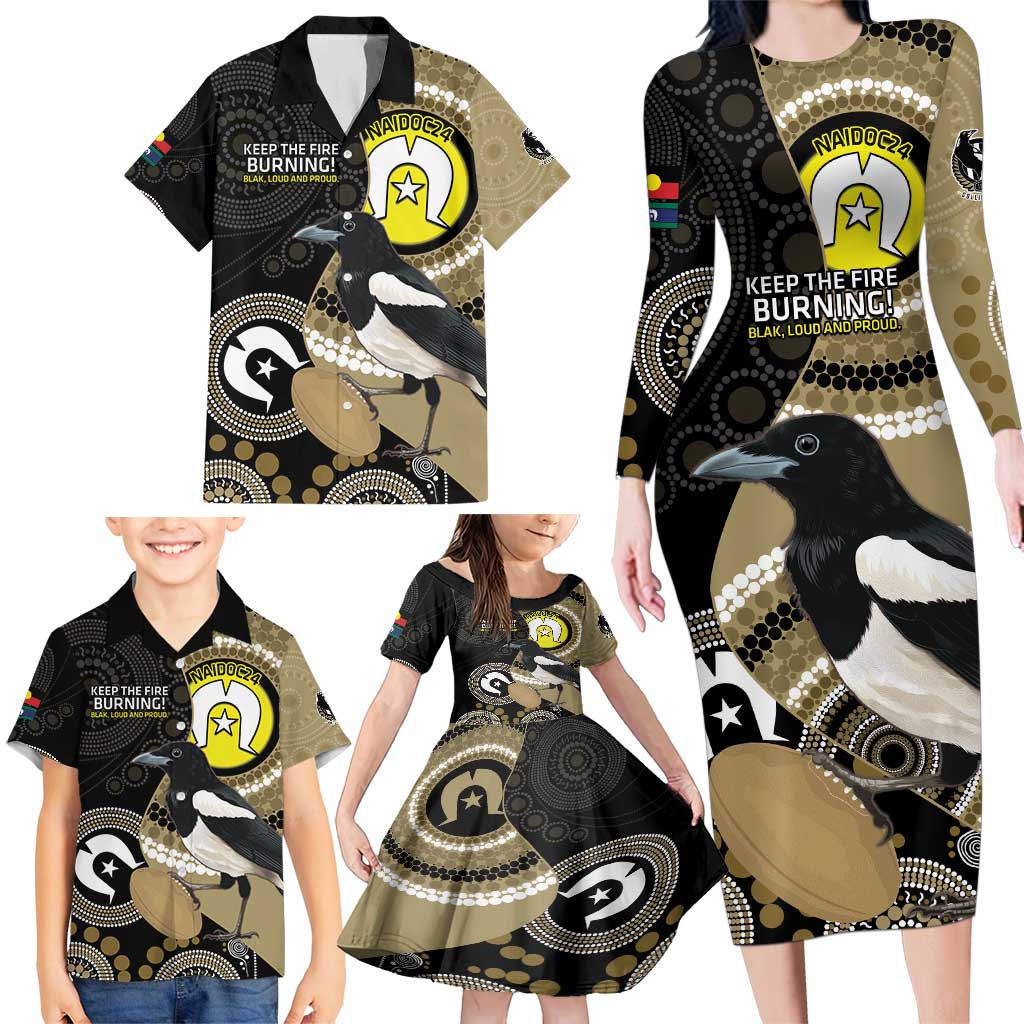 Custom AFL Collingwood NAIDOC Week Family Matching Long Sleeve Bodycon Dress and Hawaiian Shirt Keep The Fire Burning Indigenous Art