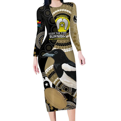Custom AFL Collingwood NAIDOC Week Family Matching Long Sleeve Bodycon Dress and Hawaiian Shirt Keep The Fire Burning Indigenous Art