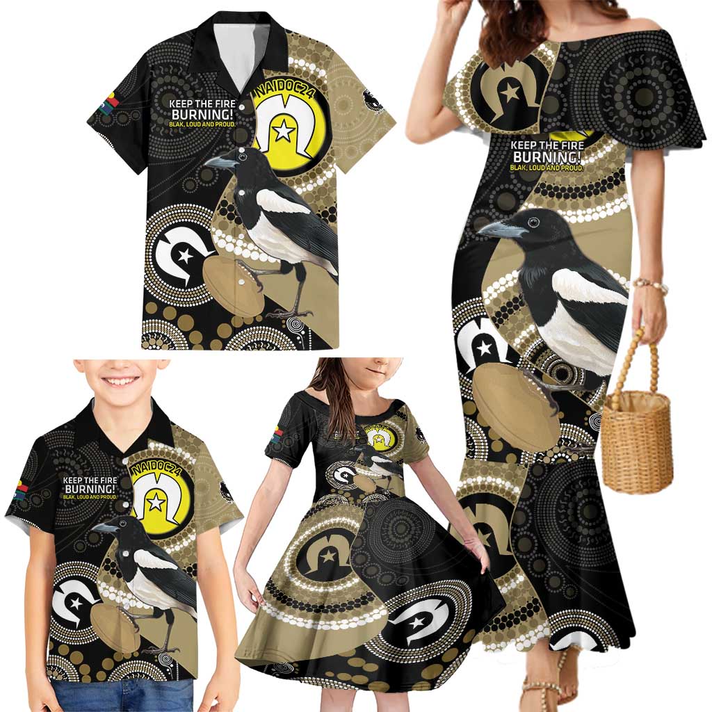 Custom AFL Collingwood NAIDOC Week Family Matching Mermaid Dress and Hawaiian Shirt Keep The Fire Burning Indigenous Art