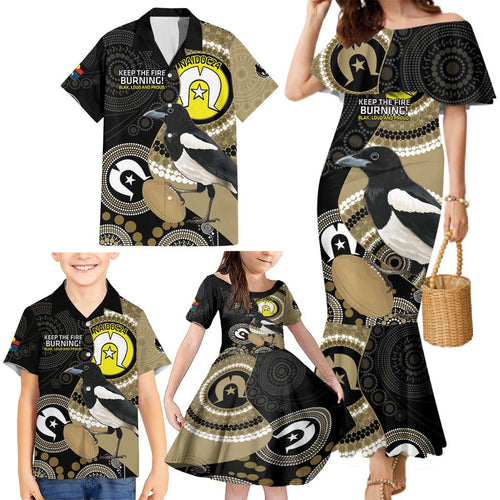 Custom AFL Collingwood NAIDOC Week Family Matching Mermaid Dress and Hawaiian Shirt Keep The Fire Burning Indigenous Art