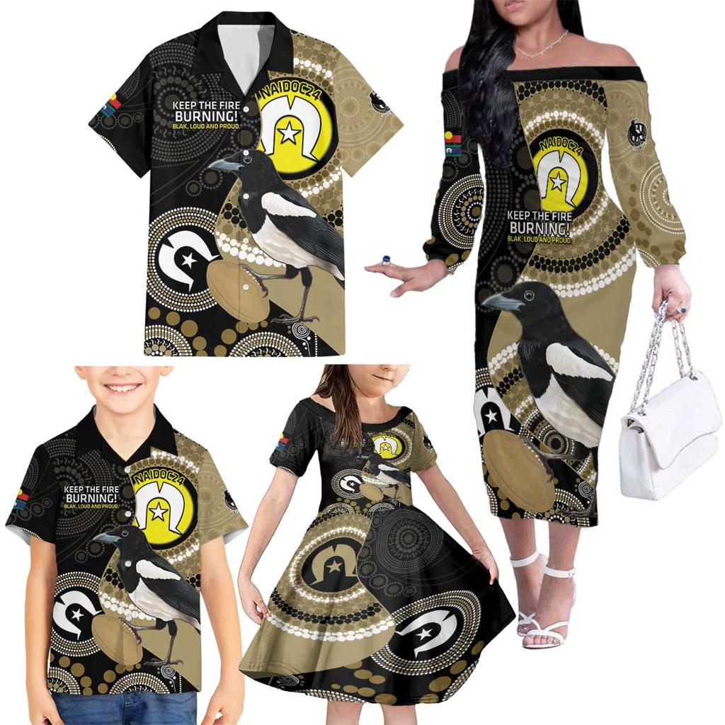 Custom AFL Collingwood NAIDOC Week Family Matching Off The Shoulder Long Sleeve Dress and Hawaiian Shirt Keep The Fire Burning Indigenous Art