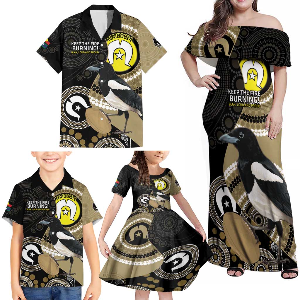 Custom AFL Collingwood NAIDOC Week Family Matching Off Shoulder Maxi Dress and Hawaiian Shirt Keep The Fire Burning Indigenous Art