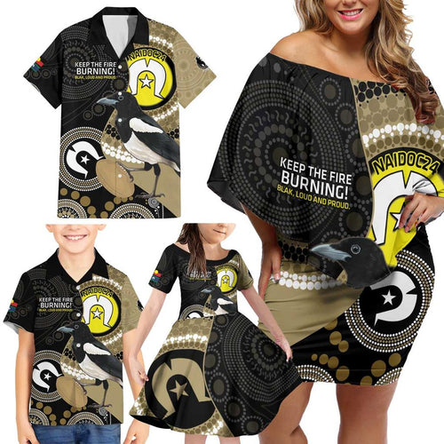 Custom AFL Collingwood NAIDOC Week Family Matching Off Shoulder Short Dress and Hawaiian Shirt Keep The Fire Burning Indigenous Art