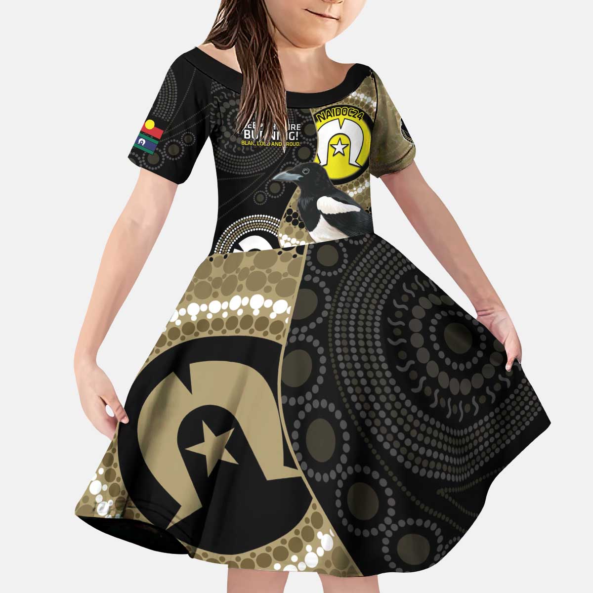 Custom AFL Collingwood NAIDOC Week Kid Short Sleeve Dress Keep The Fire Burning Indigenous Art