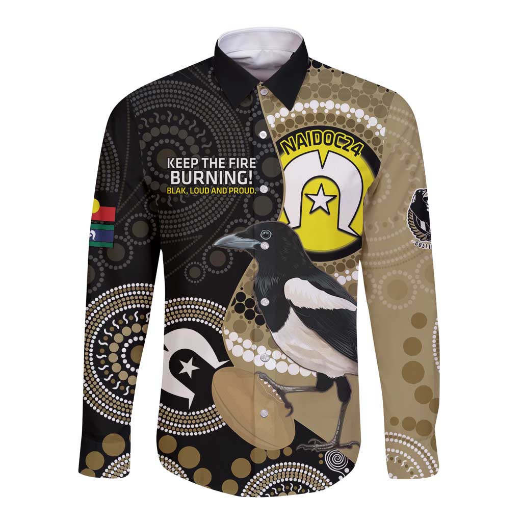 Custom AFL Collingwood NAIDOC Week Long Sleeve Button Shirt Keep The Fire Burning Indigenous Art