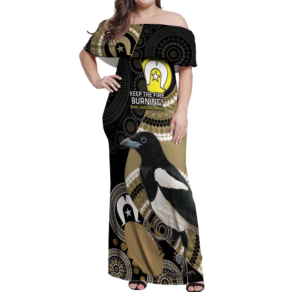 Custom AFL Collingwood NAIDOC Week Off Shoulder Maxi Dress Keep The Fire Burning Indigenous Art