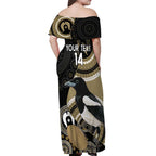 Custom AFL Collingwood NAIDOC Week Off Shoulder Maxi Dress Keep The Fire Burning Indigenous Art