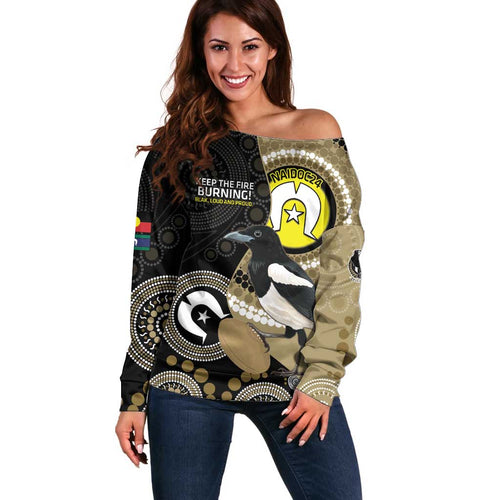 Custom AFL Collingwood NAIDOC Week Off Shoulder Sweater Keep The Fire Burning Indigenous Art