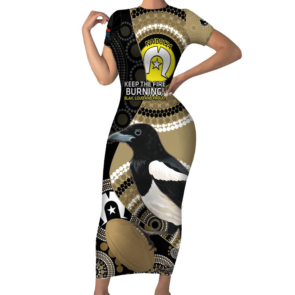Custom AFL Collingwood NAIDOC Week Short Sleeve Bodycon Dress Keep The Fire Burning Indigenous Art