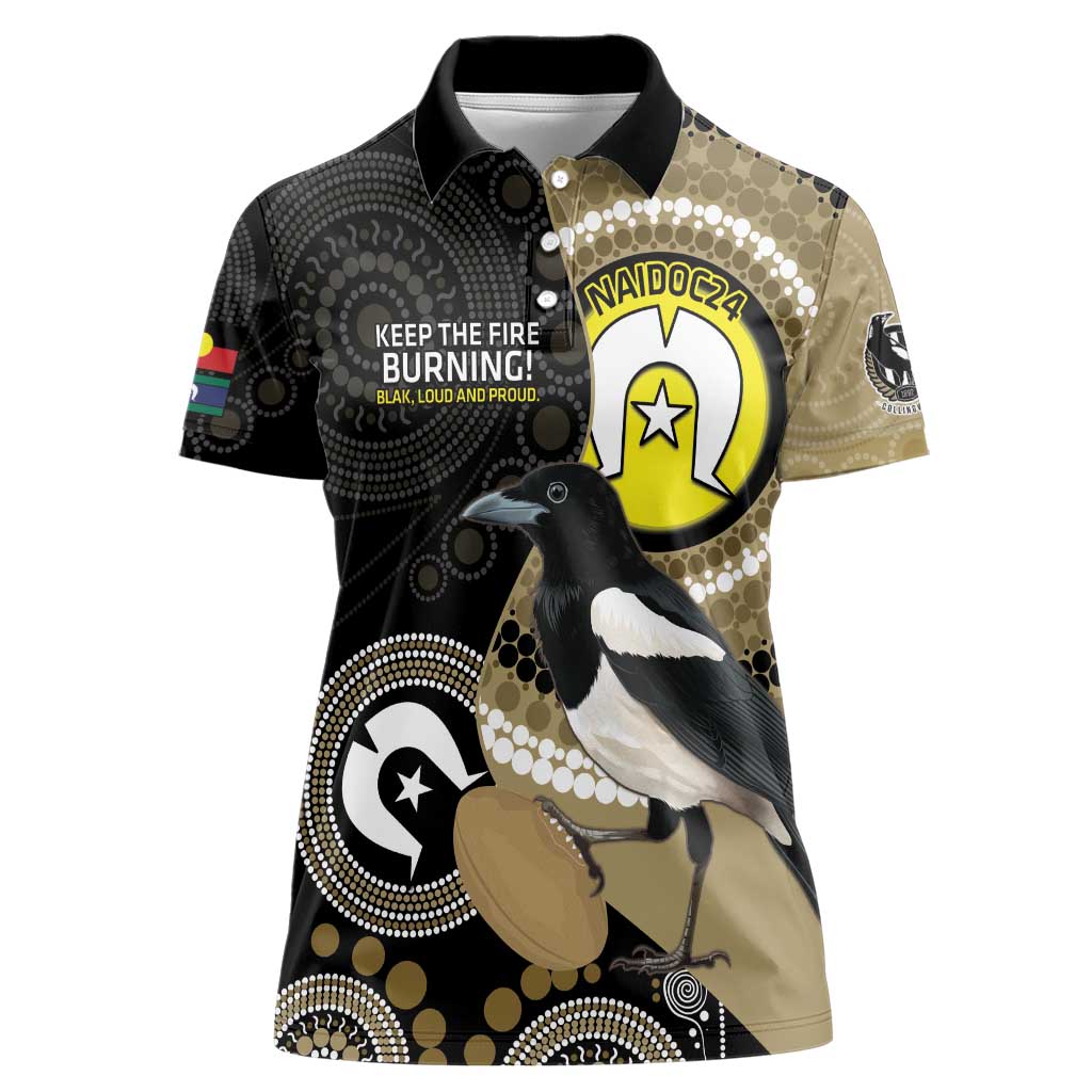 Custom AFL Collingwood NAIDOC Week Women Polo Shirt Keep The Fire Burning Indigenous Art