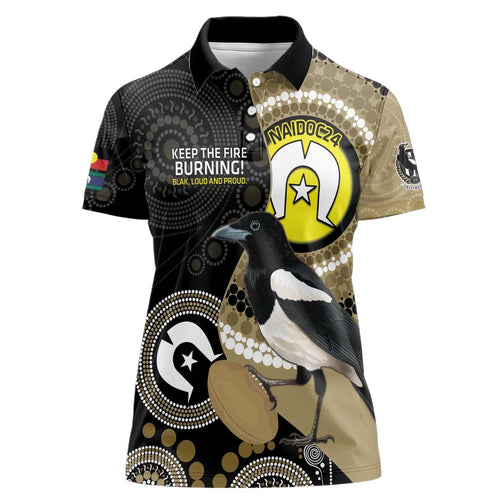 Custom AFL Collingwood NAIDOC Week Women Polo Shirt Keep The Fire Burning Indigenous Art