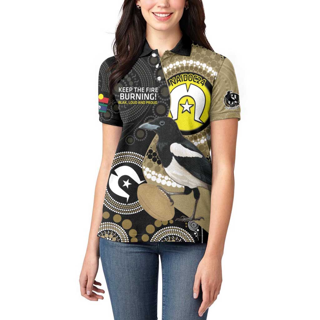 Custom AFL Collingwood NAIDOC Week Women Polo Shirt Keep The Fire Burning Indigenous Art