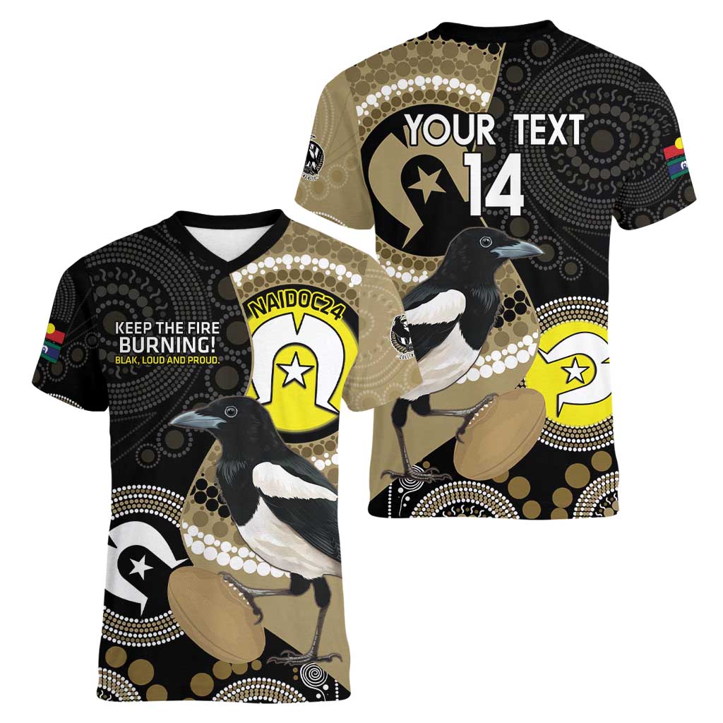 Custom AFL Collingwood NAIDOC Week Women V-Neck T-Shirt Keep The Fire Burning Indigenous Art