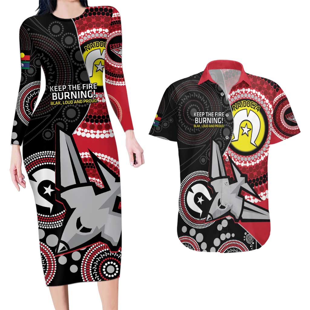 Custom AFL Essendon NAIDOC Week Couples Matching Long Sleeve Bodycon Dress and Hawaiian Shirt Keep The Fire Burning Indigenous Art