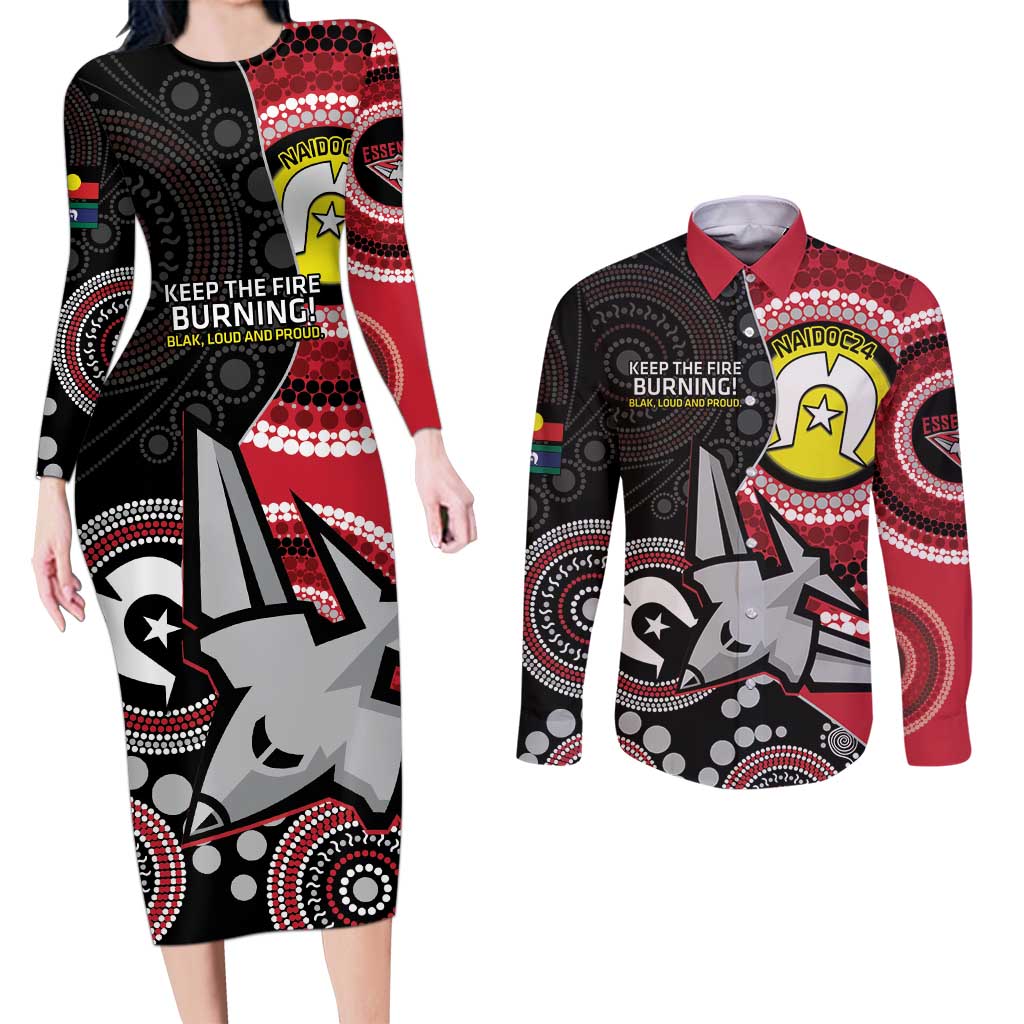 Custom AFL Essendon NAIDOC Week Couples Matching Long Sleeve Bodycon Dress and Long Sleeve Button Shirt Keep The Fire Burning Indigenous Art