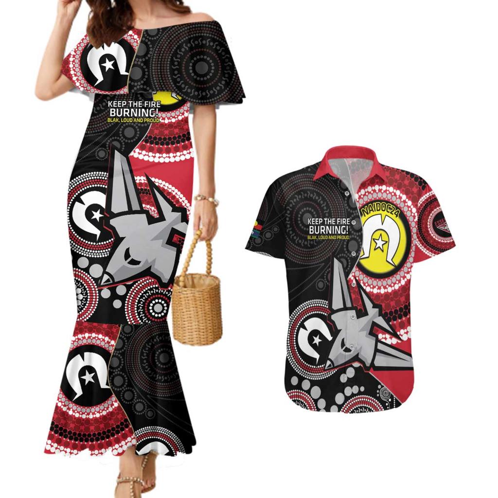 Custom AFL Essendon NAIDOC Week Couples Matching Mermaid Dress and Hawaiian Shirt Keep The Fire Burning Indigenous Art