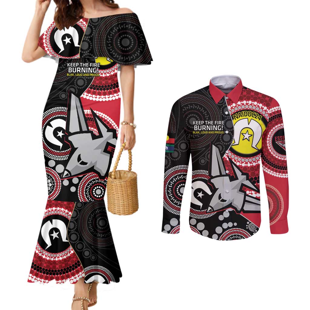 Custom AFL Essendon NAIDOC Week Couples Matching Mermaid Dress and Long Sleeve Button Shirt Keep The Fire Burning Indigenous Art