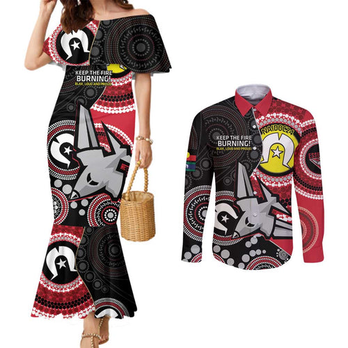 Custom AFL Essendon NAIDOC Week Couples Matching Mermaid Dress and Long Sleeve Button Shirt Keep The Fire Burning Indigenous Art