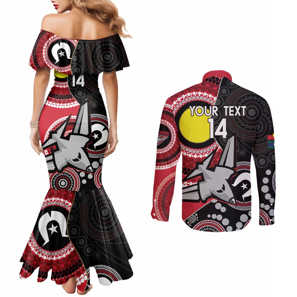Custom AFL Essendon NAIDOC Week Couples Matching Mermaid Dress and Long Sleeve Button Shirt Keep The Fire Burning Indigenous Art