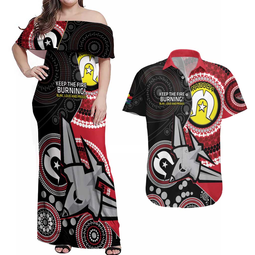 Custom AFL Essendon NAIDOC Week Couples Matching Off Shoulder Maxi Dress and Hawaiian Shirt Keep The Fire Burning Indigenous Art