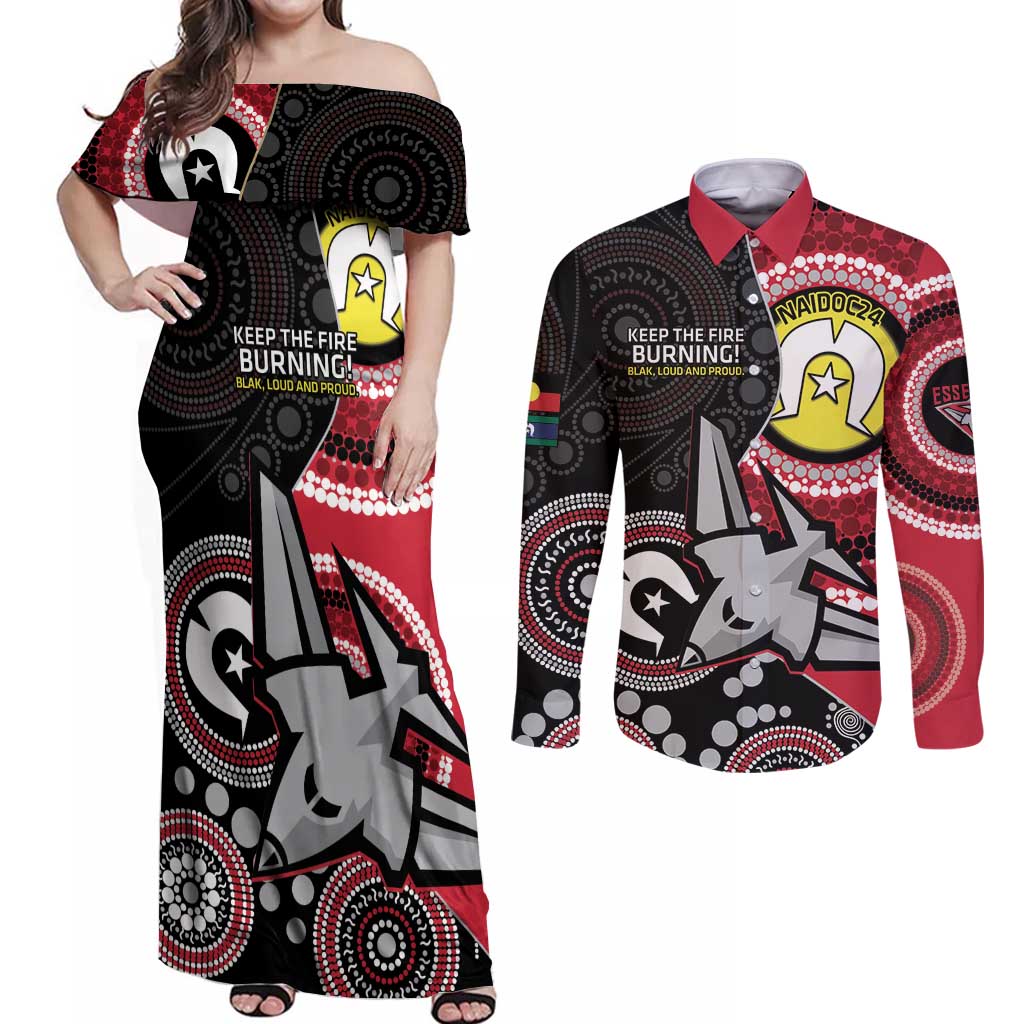 Custom AFL Essendon NAIDOC Week Couples Matching Off Shoulder Maxi Dress and Long Sleeve Button Shirt Keep The Fire Burning Indigenous Art