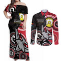 Custom AFL Essendon NAIDOC Week Couples Matching Off Shoulder Maxi Dress and Long Sleeve Button Shirt Keep The Fire Burning Indigenous Art