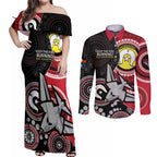 Custom AFL Essendon NAIDOC Week Couples Matching Off Shoulder Maxi Dress and Long Sleeve Button Shirt Keep The Fire Burning Indigenous Art