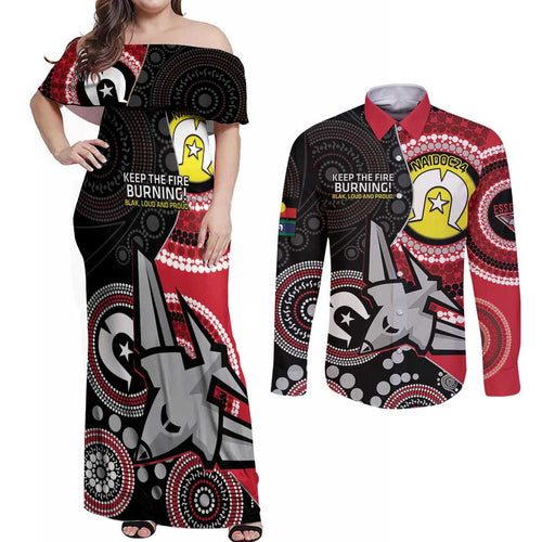 Custom AFL Essendon NAIDOC Week Couples Matching Off Shoulder Maxi Dress and Long Sleeve Button Shirt Keep The Fire Burning Indigenous Art