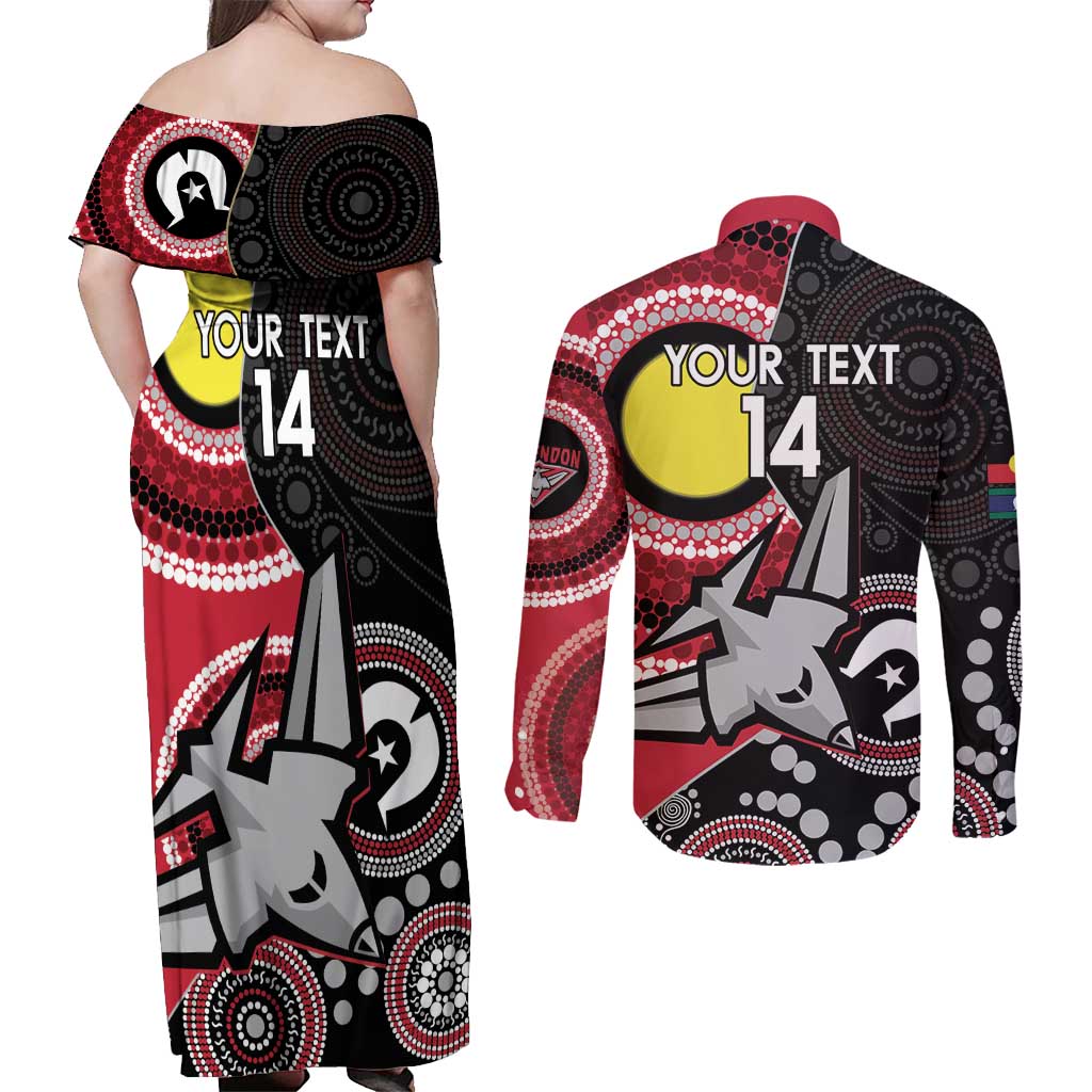 Custom AFL Essendon NAIDOC Week Couples Matching Off Shoulder Maxi Dress and Long Sleeve Button Shirt Keep The Fire Burning Indigenous Art