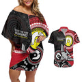 Custom AFL Essendon NAIDOC Week Couples Matching Off Shoulder Short Dress and Hawaiian Shirt Keep The Fire Burning Indigenous Art