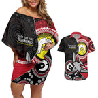 Custom AFL Essendon NAIDOC Week Couples Matching Off Shoulder Short Dress and Hawaiian Shirt Keep The Fire Burning Indigenous Art