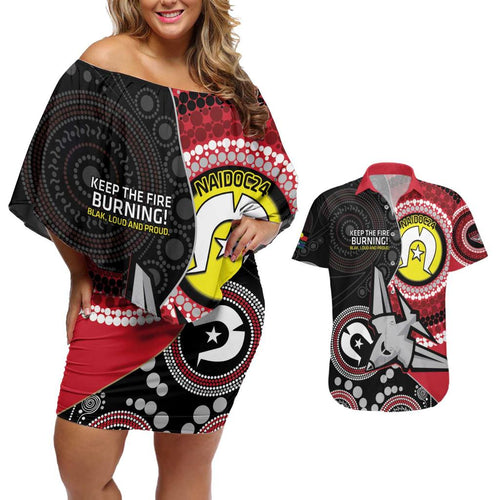 Custom AFL Essendon NAIDOC Week Couples Matching Off Shoulder Short Dress and Hawaiian Shirt Keep The Fire Burning Indigenous Art